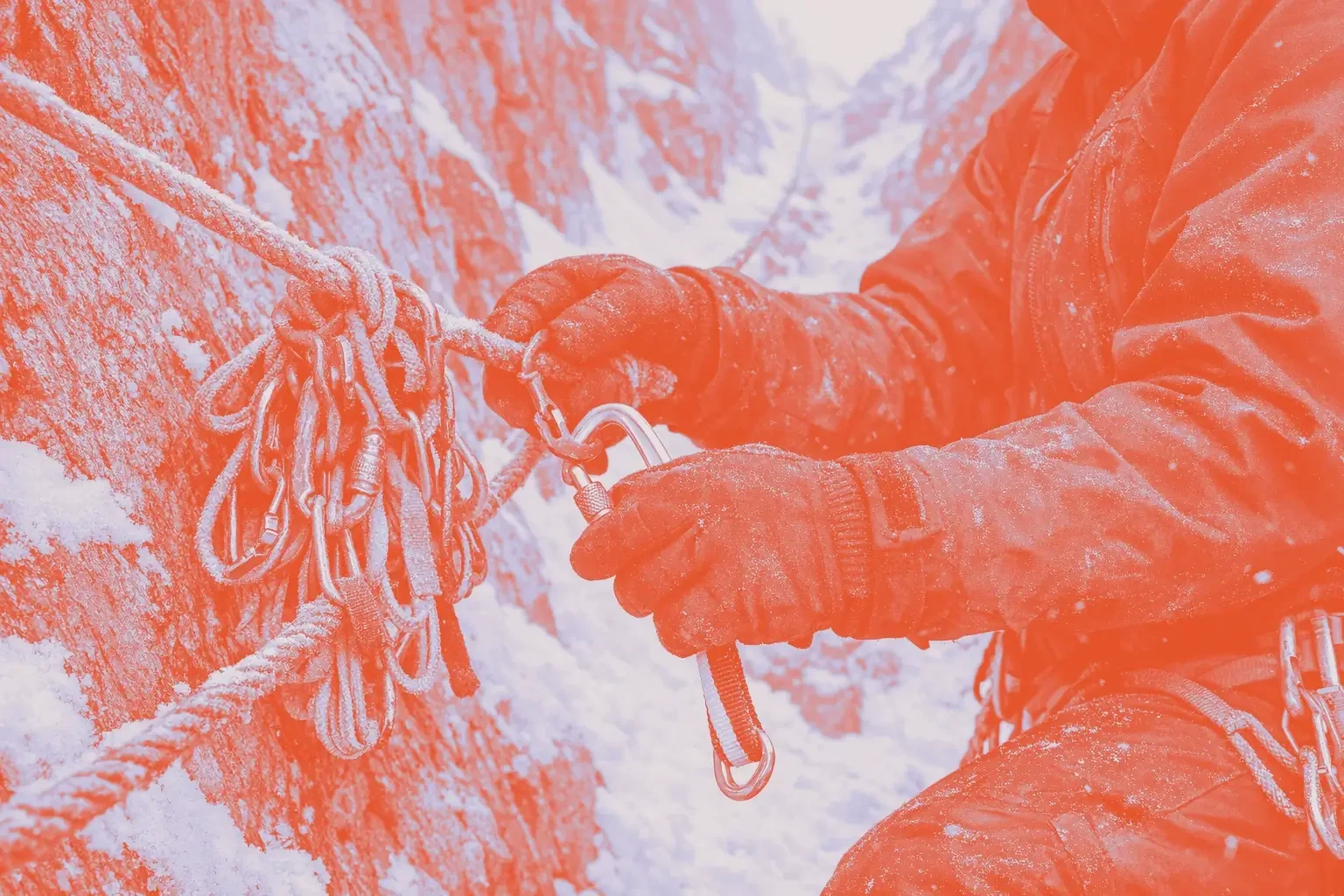 A person in black gloves is securing a silver carabiner to a climbing rope on a snowy rock face.